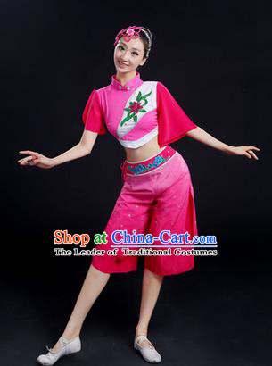 Traditional Chinese Yangge Fan Dancing Costume, Folk Dance Yangko Uniforms, Classic Dance Elegant Dress Drum Dance Pink Clothing for Women