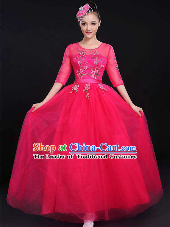 Traditional Chinese Modern Dancing Compere Costume, Women Opening Classic Chorus Singing Group Dance Bubble Uniforms, Modern Dance Embroidered Plum Blossom Long Rose Dress for Women