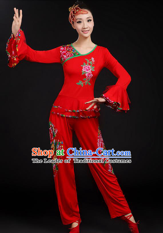 Traditional Chinese Yangge Fan Dancing Costume, Folk Dance Yangko Mandarin Sleeve Uniforms, Classic Dance Elegant Dress Drum Dance Peony Red Clothing for Women