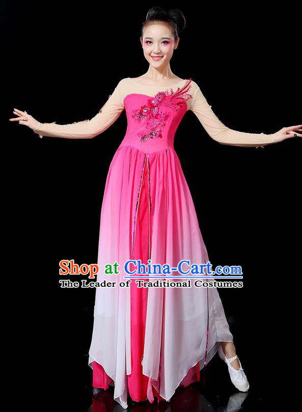 Traditional Chinese Yangge Fan Dancing Costume, Folk Dance Yangko Uniforms, Classic Umbrella Dance Elegant Dress Drum Dance Sequins Phoenix Rose Clothing for Women