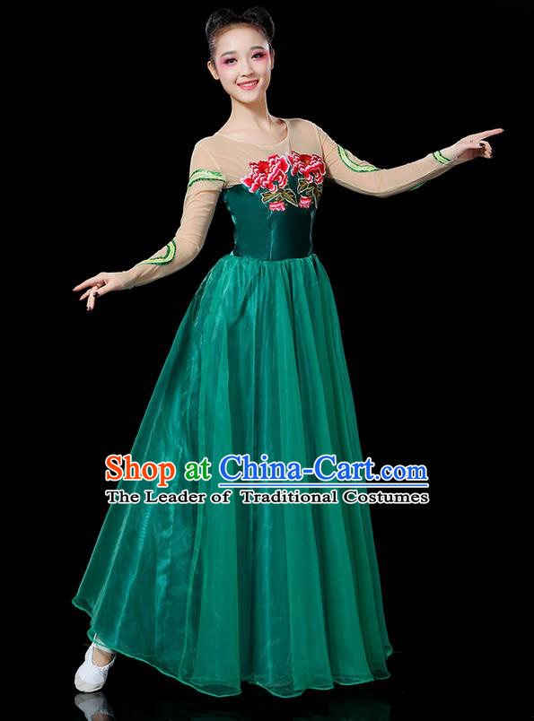 Traditional Chinese Modern Dancing Compere Costume, Women Opening Classic Chorus Singing Group Dance Uniforms, Modern Dance Classic Dance Peony Atrovirens Big Swing Dress for Women