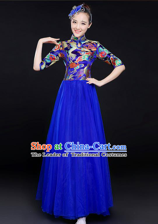 Traditional Chinese Modern Dancing Compere Costume, Women Opening Classic Chorus Singing Group Dance Bubble Uniforms, Modern Dance Classic Dance Big Swing Blue Cheongsam Dress for Women