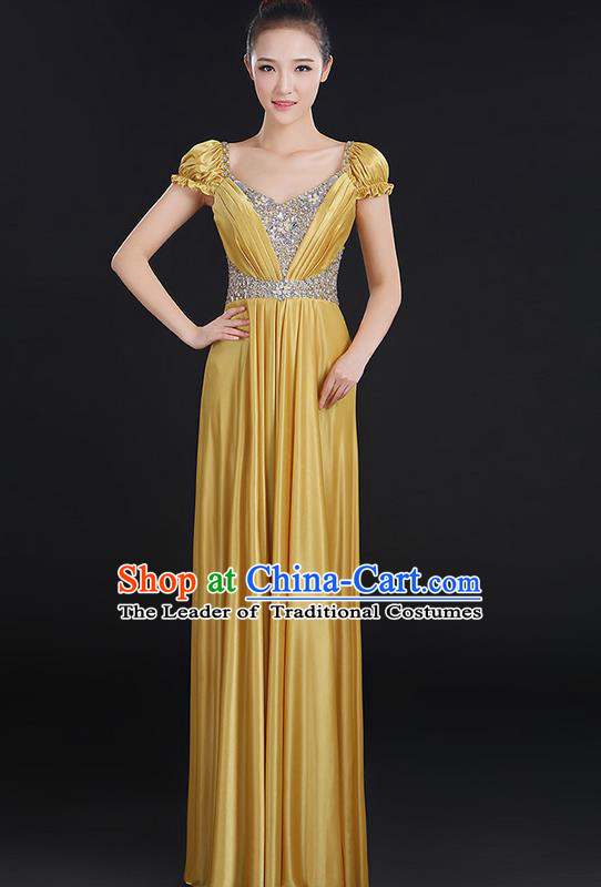 Traditional Chinese Modern Dancing Compere Costume, Women Opening Classic Chorus Singing Group Dance Crystal Dress Uniforms, Modern Dance Classic Dance Big Swing Gold Dress for Women