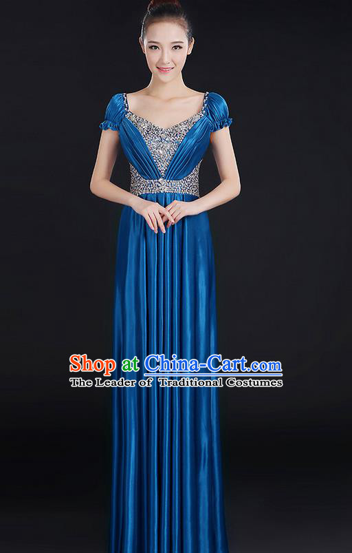 Traditional Chinese Modern Dancing Compere Costume, Women Opening Classic Chorus Singing Group Dance Crystal Dress Uniforms, Modern Dance Classic Dance Big Swing Royalblue Dress for Women