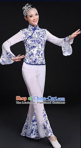 Traditional Chinese Yangge Fan Dancing Costume, Folk Dance Yangko Blue and White Porcelain Uniforms, Classic Umbrella Dance Elegant Mandarin Sleeve Dress Drum Dance Clothing for Women