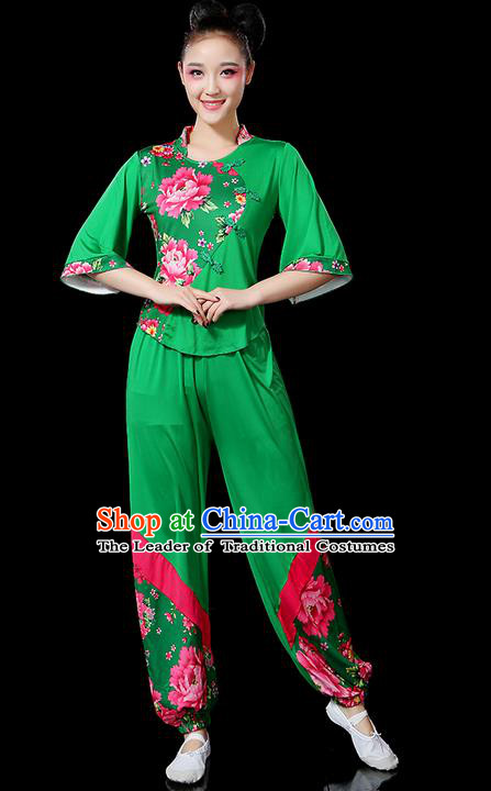 Traditional Chinese Yangge Fan Dancing Costume, Folk Dance Yangko Peony Uniforms, Classic Umbrella Dance Elegant Dress Drum Dance Green Clothing for Women