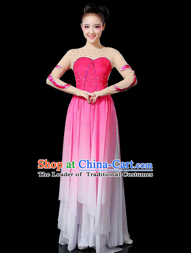 Traditional Chinese Yangge Fan Dancing Costume, Folk Dance Yangko Uniforms, Classic Umbrella Dance Elegant Big Swing Dress Drum Dance Clothing for Women