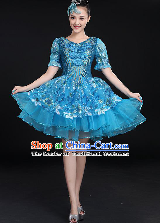 Traditional Chinese Modern Dancing Compere Costume, Women Opening Classic Chorus Singing Group Dance Paillette Uniforms, Modern Dance Bubble Short Blue Dress for Women