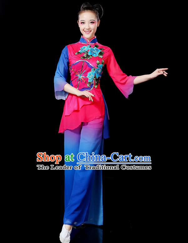 Traditional Chinese Yangge Fan Dancing Costume, Folk Dance Yangko Flowers Uniforms, Classic Umbrella Dance Elegant Dress Drum Dance Clothing for Women