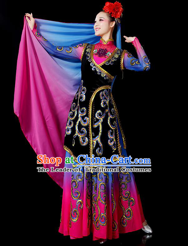 Traditional Chinese Uyghur Nationality Dancing Costume, Folk Dance Ethnic Embroidered Dress, Chinese Minority Nationality Uigurian Dance Costume for Women