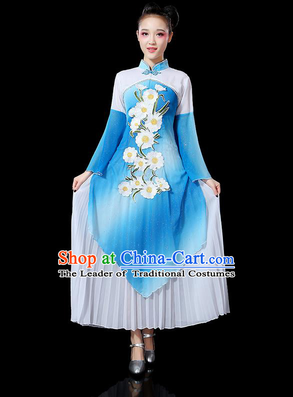 Traditional Chinese Yangge Fan Dancing Costume, Folk Dance Yangko Mandarin Sleeve Uniforms, Classic Umbrella Dance Elegant Dress Drum Dance Blue Clothing for Women