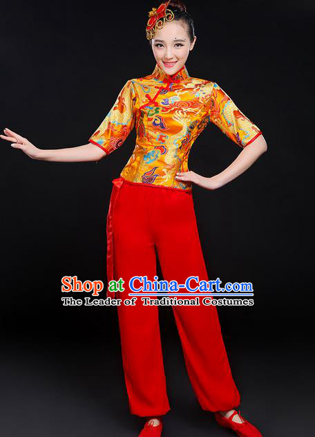 Traditional Chinese Yangge Fan Dancing Costume, Folk Dance Yangko Dragon Uniforms, Classic Umbrella Dance Elegant Dress Drum Dance Gold Clothing for Women