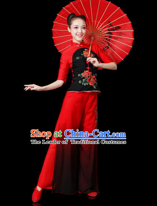 Traditional Chinese Yangge Fan Dancing Costume, Folk Dance Yangko Peony Uniforms, Classic Umbrella Dance Elegant Dress Drum Dance Red Clothing for Women