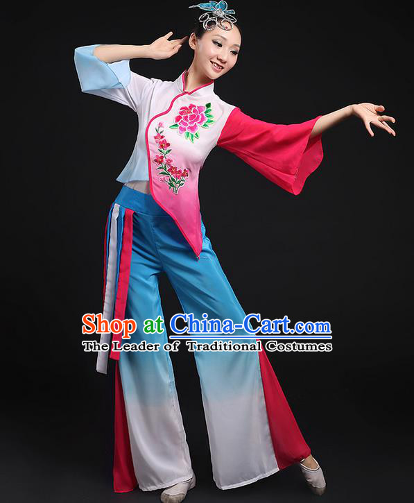 Traditional Chinese Yangge Fan Dancing Costume, Folk Dance Yangko Flowers Mandarin Sleeve Embroidered Peony Uniforms, Classic Umbrella Dance Elegant Dress Drum Dance Blue Clothing for Women