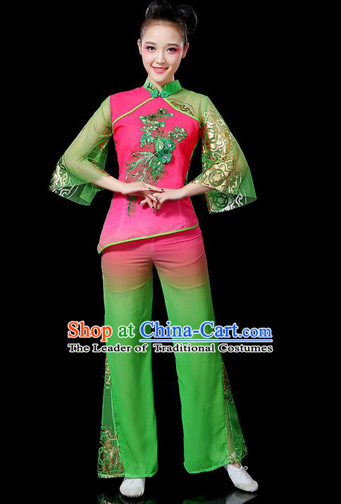 Traditional Chinese Yangge Fan Dancing Costume, Folk Dance Yangko Mandarin Sleeve Uniforms, Classic Umbrella Dance Elegant Dress Drum Dance Green Clothing for Women