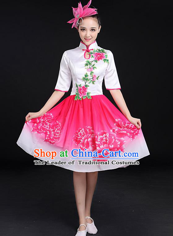 Traditional Chinese Modern Dancing Compere Costume, Women Opening Classic Chorus Singing Group Dance Bubble Peony Uniforms, Modern Dance Classic Dance Big Swing Cheongsam Pink Dress for Women