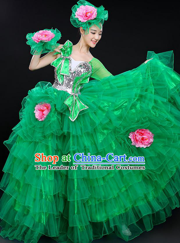 Traditional Chinese Modern Dancing Compere Costume, Women Opening Classic Chorus Singing Group Dance Bubble Peony Uniforms, Modern Dance Classic Dance Big Swing Green Dress for Women