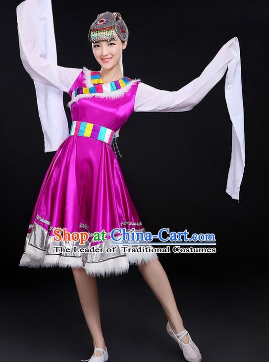 Traditional Chinese Mongol Nationality Dancing Costume, Mongols Female Folk Saussurea Involucrata Dance Ethnic Long Water-Sleeve Dress, Chinese Mongolian Minority Nationality Embroidery Purple Costume for Women