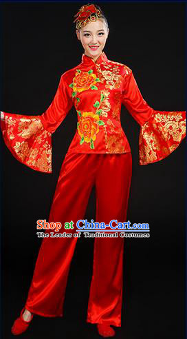 Traditional Chinese Yangge Fan Dancing Costume, Folk Dance Yangko Mandarin Sleeve Satin Peony Uniforms, Classic Umbrella Dance Elegant Dress Drum Dance Red Clothing for Women