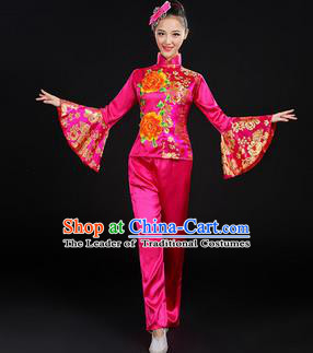 Traditional Chinese Yangge Fan Dancing Costume, Folk Dance Yangko Mandarin Sleeve Satin Peony Uniforms, Classic Umbrella Dance Elegant Dress Drum Dance Rose Clothing for Women