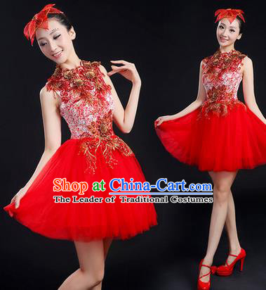 Traditional Chinese Modern Dancing Compere Costume, Women Opening Classic Chorus Singing Group Dance Paillette Uniforms, Modern Dance Bubble Short Red Dress for Women