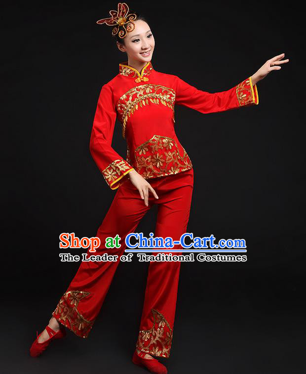 Traditional Chinese Yangge Fan Dancing Costume, Folk Dance Yangko Gilding Paillette Uniforms, Classic Umbrella Dance Elegant Dress Drum Dance Red Clothing for Women