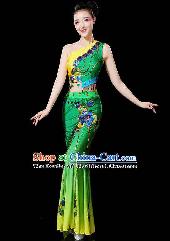 Traditional Chinese Dai Nationality Peacock Dancing Costume, Folk Dance Ethnic Paillette Fishtail Dress Uniform, Chinese Minority Nationality Dancing Green Clothing for Women