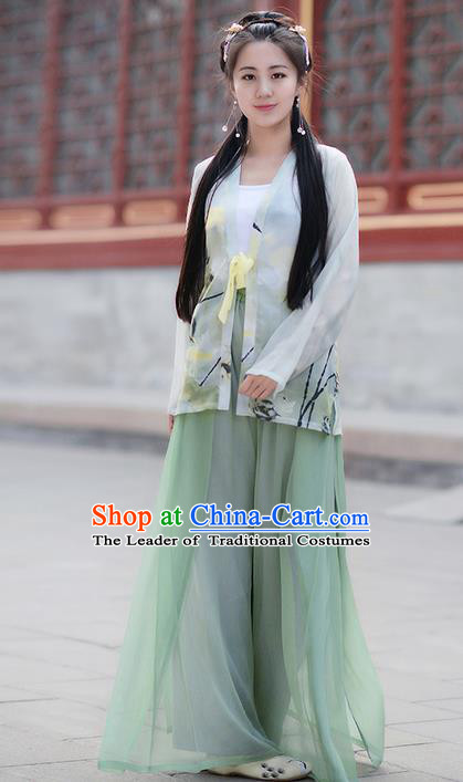 Traditional Ancient Chinese Young Lady Costume BeiZi Cardigan and Green Song Pants Complete Set , Elegant Hanfu Clothing Chinese Song Dynasty Imperial Princess Clothing for Women