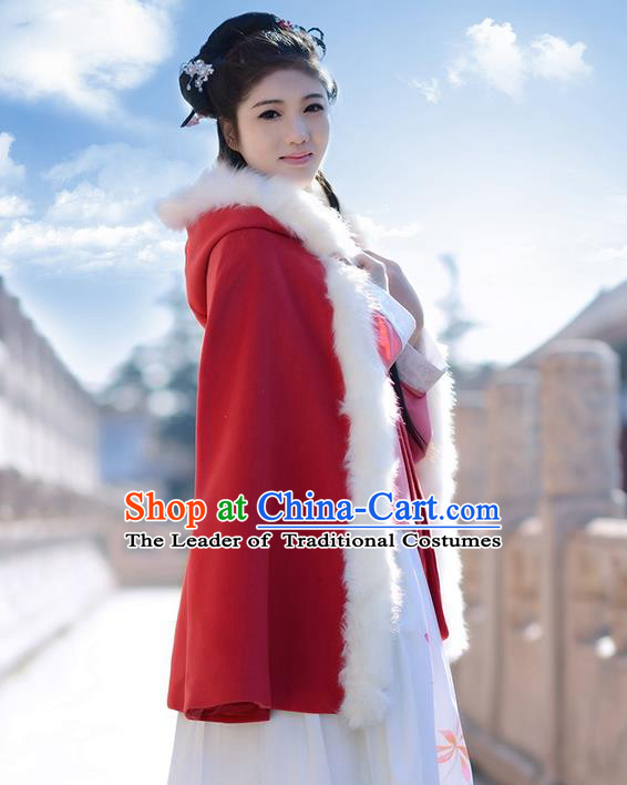 Traditional Chinese Ancient Ming Dynasty Princess Wool Red Mantle Cape for Women