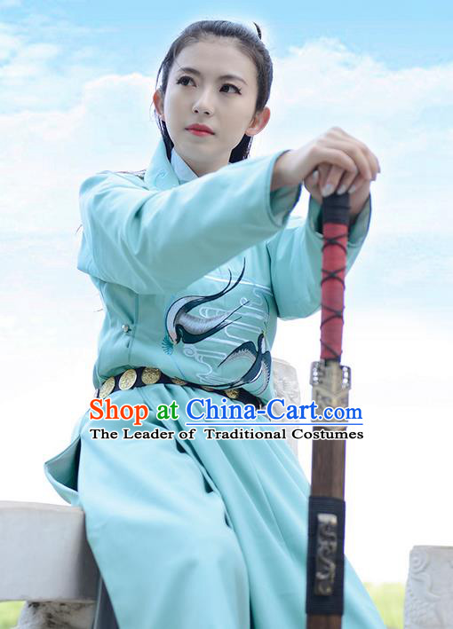 Traditional Chinese Ancient Hanfu Jiang Hu Swordsman Tang Dynasty Imperial Bodyguard Blue Robe Costume for Women for Men
