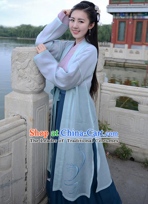 Traditional Ancient Chinese Young Lady Elegant Costume Embroidered Cardigan Slant Opening Blouse and Slip Skirt Complete Set, Elegant Hanfu Clothing Chinese Jin Dynasty Imperial Princess Clothing for Women