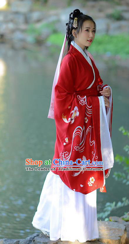 Traditional Ancient Chinese Young Lady Costume Embroidered Red Song Fringing and Belt, Elegant Hanfu Curving-Front Unlined Garment Dress Chinese Han Dynasty Imperial Princess Dress Clothing for Women