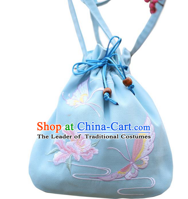 Traditional Ancient Chinese Young Lady Elegant Embroidered Butterfly Blue Handbags Cloth Bags for Women