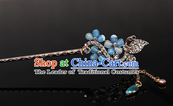 Traditional Handmade Chinese Ancient Classical Hair Accessories Bride Wedding Barrettes, Blue Hair Sticks Hair Jewellery, Hair Fascinators Hairpins for Women