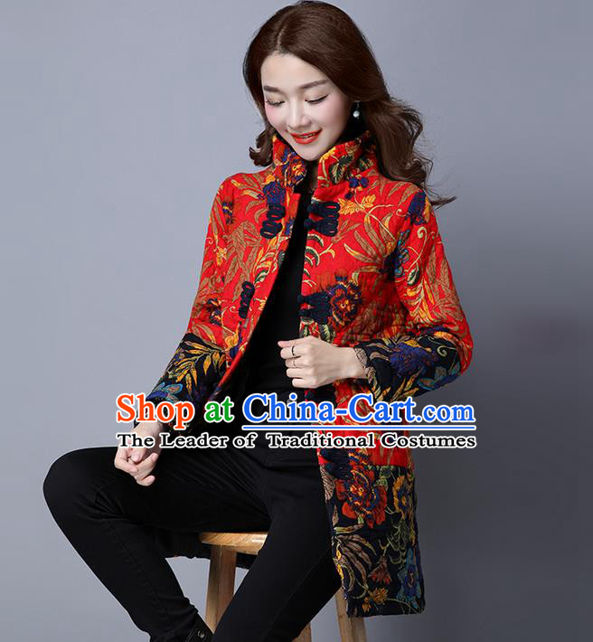 Traditional Chinese National Costume, Elegant Hanfu Stand Collar Cotton-padded Red Coat, China Tang Suit Plated Buttons Coats, Upper Outer Garment Jacket Clothing for Women