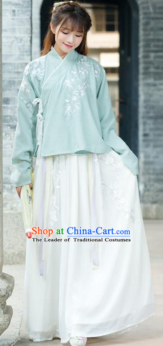 Traditional Ancient Chinese Young Lady Costume Embroidered Slant Opening Blouse and Slip Skirt Complete Set, Elegant Hanfu Suits Clothing Chinese Ming Dynasty Imperial Princess Dress Clothing for Women