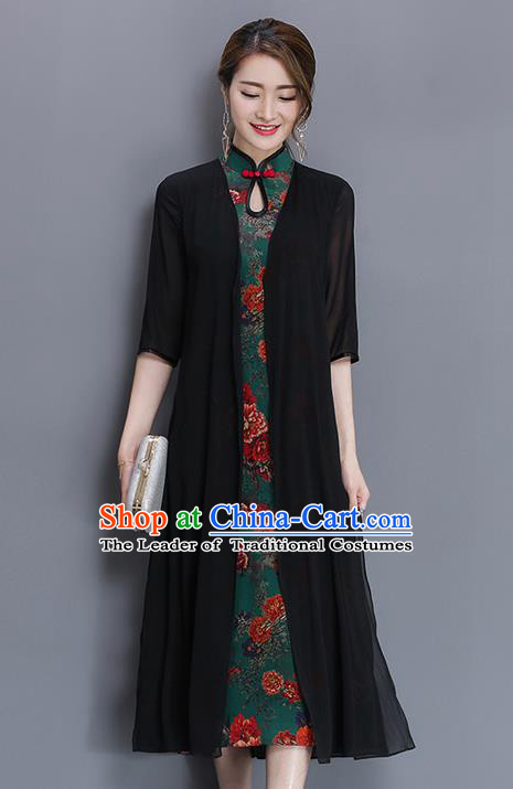 Traditional Ancient Chinese National Costume, Elegant Hanfu Mandarin Qipao Pattern Printing Dress, China Tang Suit Chirpaur Republic of China Cheongsam Upper Outer Garment Elegant Dress Clothing for Women