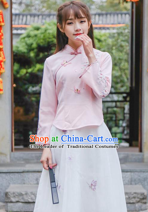 Traditional Chinese National Costume, Elegant Hanfu Embroidery Flowers Slant Opening Pink T-Shirt, China Tang Suit Republic of China Plated Buttons Chirpaur Blouse Cheong-sam Upper Outer Garment Qipao Shirts Clothing for Women