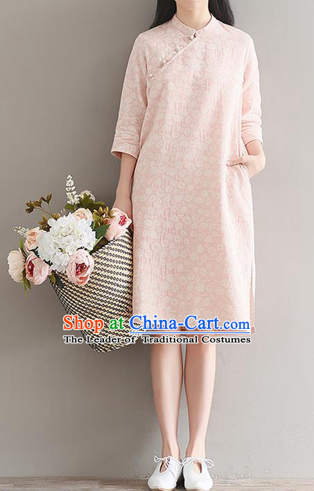 Traditional Ancient Chinese National Costume, Elegant Hanfu Mandarin Qipao Printing Short Pink Dress, China Tang Suit Chirpaur Republic of China Cheongsam Upper Outer Garment Elegant Dress Clothing for Women