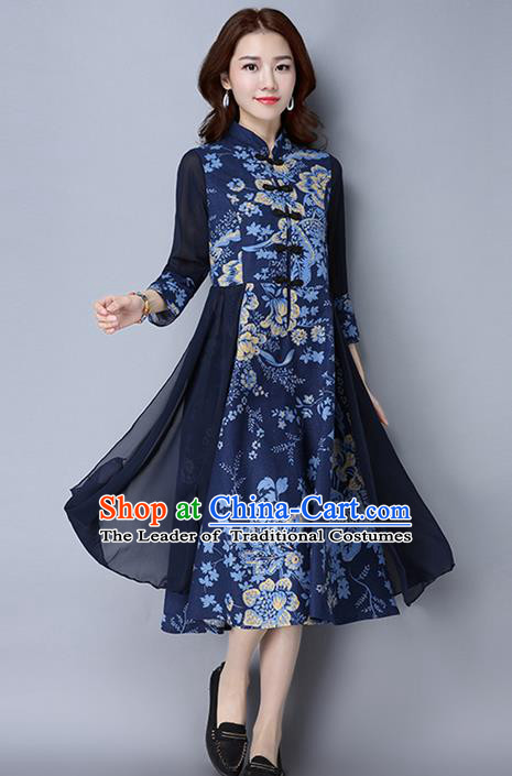 Traditional Chinese National Costume, Elegant Hanfu Linen Plated Buttons Royalblue Cheongsam Dress, China Tang Suit Cheongsam Upper Outer Garment Elegant Dress Clothing for Women