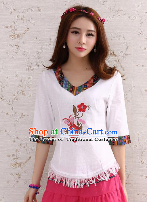 Traditional Chinese National Costume, Elegant Hanfu Embroidery Flowers T-Shirt, China Tang Suit Republic of China Plated Buttons Chirpaur Blouse Cheong-sam Upper Outer Garment Qipao Shirts Clothing for Women