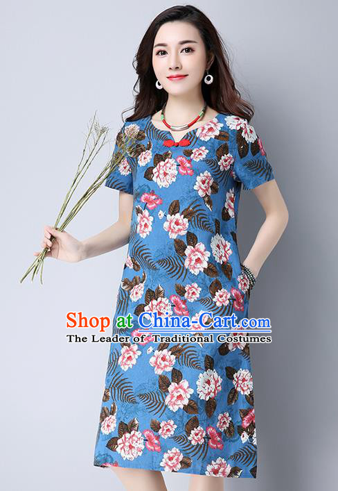 Traditional Ancient Chinese National Costume, Elegant Hanfu Qipao Printing Blue Dress, China Tang Suit Cheongsam Upper Outer Garment Elegant Dress Clothing for Women