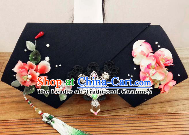 Traditional Ancient Chinese Imperial Consort Hair Jewellery Accessories, Chinese Qing Dynasty Manchu Palace Lady Flowers Headwear Zhen Huan Big La fin Tassel Headpiece, Chinese Mandarin Imperial Concubine Flag Head Hat Decoration Accessories for Women