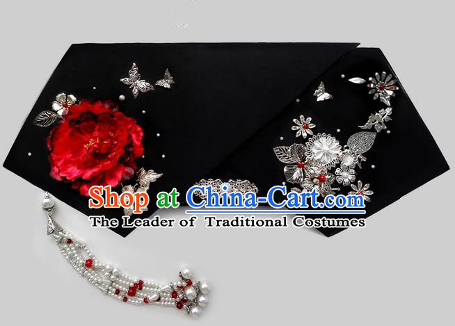 Traditional Ancient Chinese Hair Jewellery Accessories, Chinese Qing Dynasty Manchu Palace Lady Headwear Zhen Huan Big La fin Flowers Tassel Headpiece, Chinese Mandarin Imperial Concubine Flag Head Hat Decoration Accessories for Women