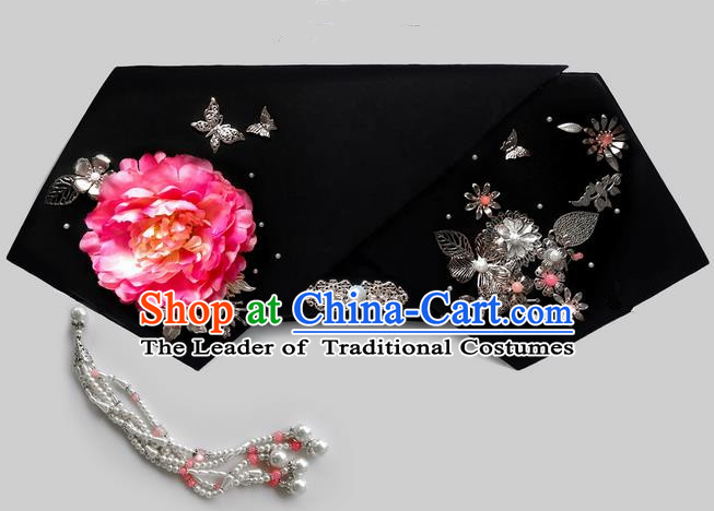 Traditional Ancient Chinese Hair Jewellery Accessories, Chinese Qing Dynasty Manchu Palace Lady Headwear Zhen Huan Big La fin Pink Flowers Beads Tassel Headpiece, Chinese Mandarin Imperial Concubine Flag Head Hat Decoration Accessories for Women