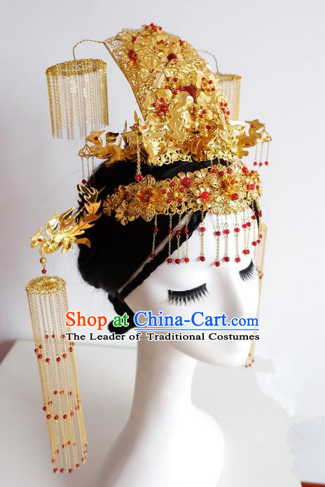 Traditional Handmade Chinese Ancient Classical Hair Tassel Accessories Bride Wedding Barrettes Phoenix Coronet Complete Set, Xiuhe Suit Wedding Hair Sticks Hair Jewellery, Hair Fascinators Hairpins for Women