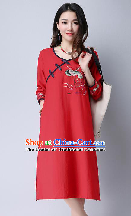 Traditional Ancient Chinese National Costume, Elegant Hanfu Embroidered Slant Opening Red Dress, China Tang Suit Plated Buttons Cheongsam Garment Elegant Dress Clothing for Women