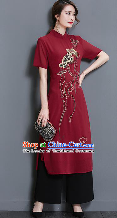 Traditional Ancient Chinese National Costume, Elegant Hanfu Mandarin Qipao Embroidered Red Dress and Black Loose Pants Complete Set, China Tang Suit Cheongsam Upper Outer Garment Elegant Dress Clothing for Women