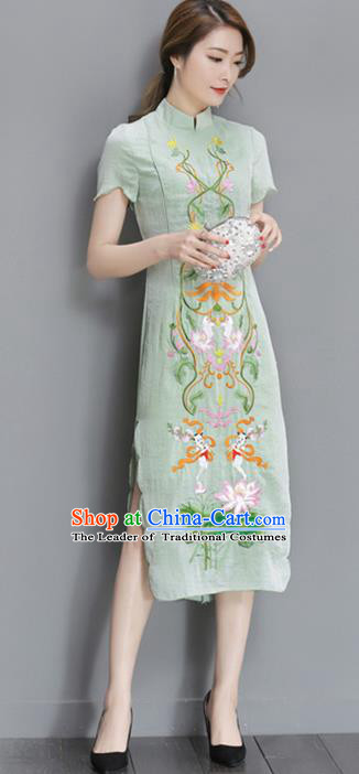 Traditional Ancient Chinese National Costume, Elegant Hanfu Mandarin Qipao Embroidered Lotus Green Dress, China Tang Suit Cheongsam Upper Outer Garment Elegant Dress Clothing for Women