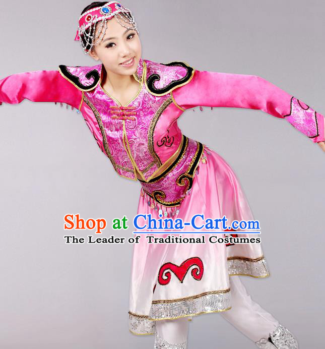 Traditional Chinese Mongol Nationality Dancing Costume, Mongols Female Folk Dance Ethnic Pleated Skirt, Chinese Mongolian Minority Nationality Embroidery Costume for Women